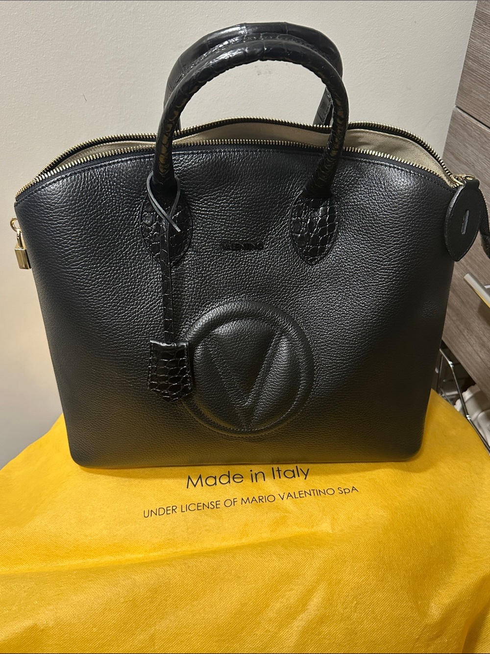 Valentino Black Pebbled Leather Satchel with Embossed V and Croc-Trim Handles